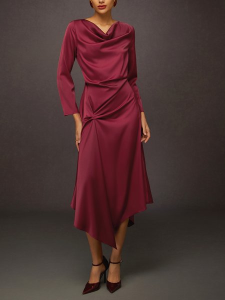 Elegant Satin Cowl Neck Asymmetric Maxi Dress