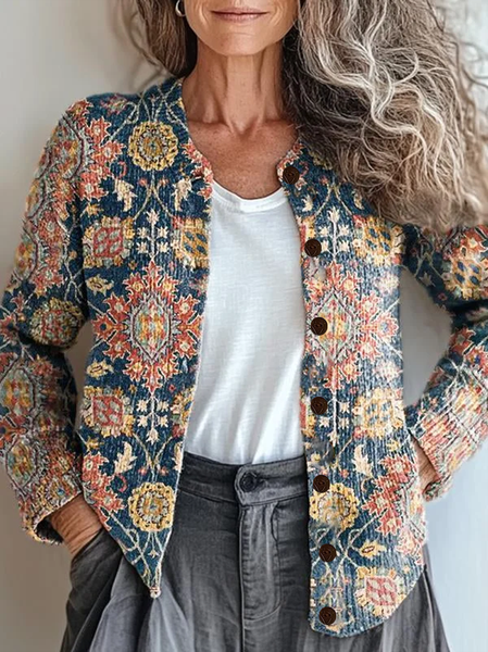

Women Floral Printing Long Sleeve Crew Neck Vintage Spring/Fall Cardigan Outerwear, Blue, Cardigans