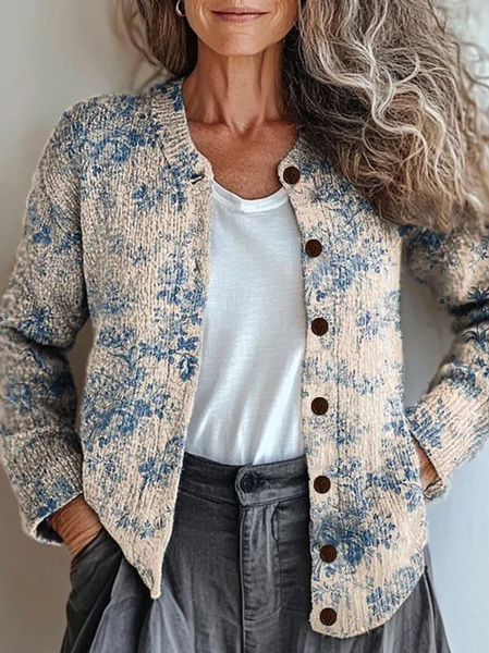 

Women Floral Printing Long Sleeve Crew Neck Vintage Spring/Fall Cardigan Outerwear, Apricot, Cardigans