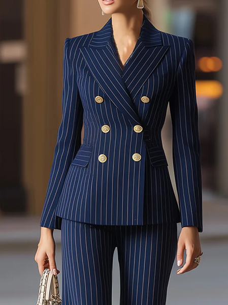

Urban Buttoned Striped Lapel Collar Blazer, Blue, Blazers