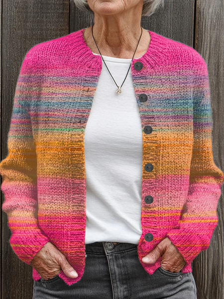 

Women Abstract Printing Long Sleeve Crew Neck Vintage Spring/Fall Cardigan Outerwear, Pink, Cardigans