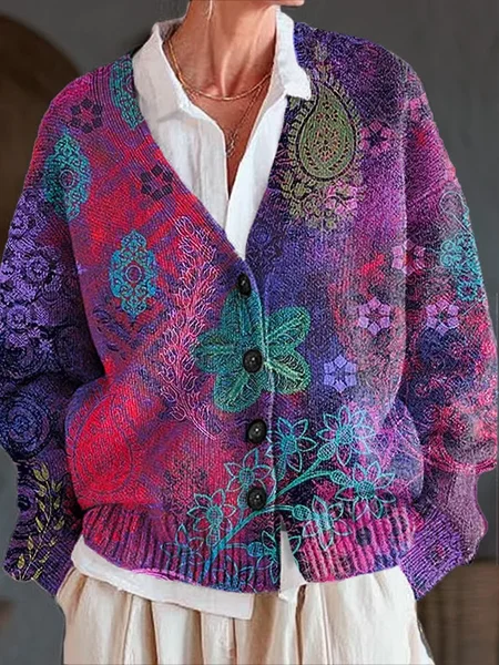 

Women Floral Printing Long Sleeve V Neck Casual Spring/Fall Cardigan Outerwear, Purple, Cardigans