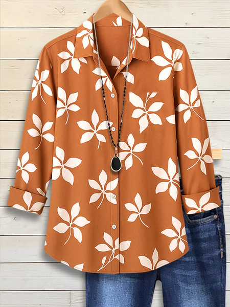 

Women Floral Long Sleeve Shirt Spring/Fall Buckle Shirt Collar Regular Sleeve Daily Casual Top, Yellow brown, Shirts