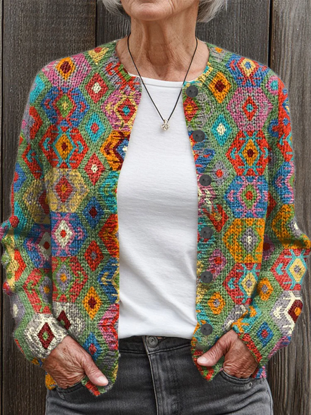 

Women Abstract Printing Long Sleeve Crew Neck Vintage Spring/Fall Cardigan Outerwear, Green, Cardigans