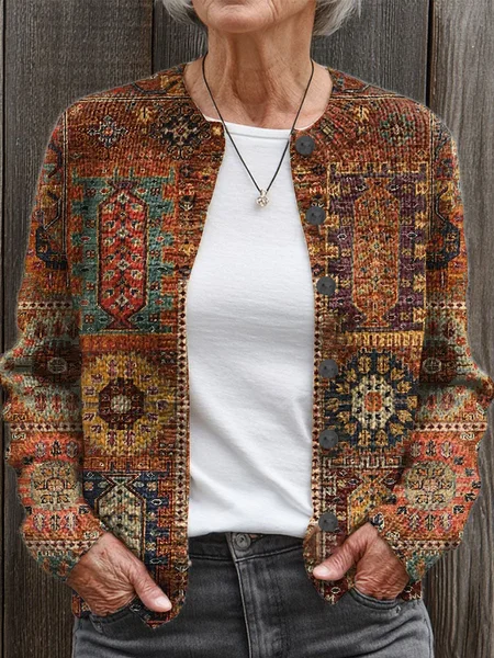 

Women Abstract Printing Long Sleeve Crew Neck Vintage Spring/Fall Cardigan Outerwear, Brown, Cardigans