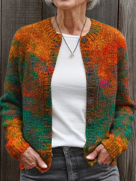 

Women Abstract Printing Long Sleeve Crew Neck Vintage Spring/Fall Cardigan Outerwear, As picture, Cardigans