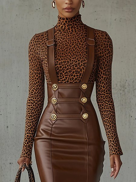 

Urban Animal Print Printing Turtleneck T-shirt, Leopard, Tees