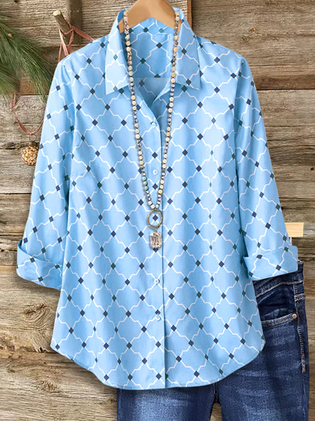 

Women Abstract Long Sleeve Shirt Spring/Fall Buckle Shirt Collar Regular Sleeve Daily Casual Top, Blue, Shirts
