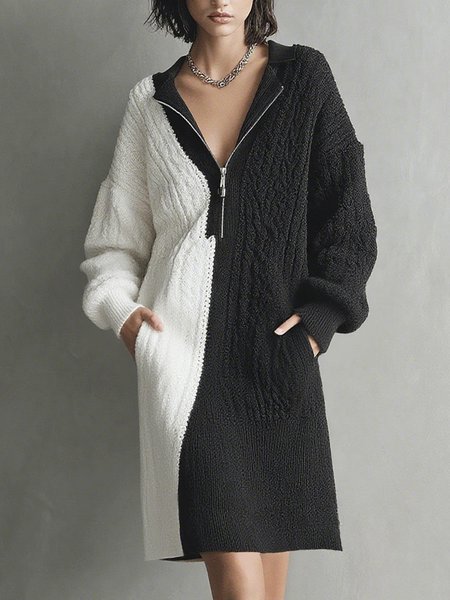 

Casual Color Block Zipper Shawl Collar Sweater Dress, Black-white, Midi Dresses