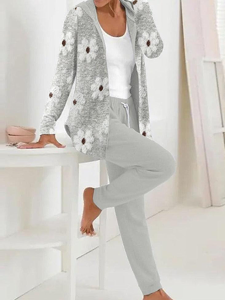 

Women Floral Printing Two-Piece Set Daily Long Sleeve Casual Spring/Fall Coat With Pants Matching Set, Light gray, Suit Set