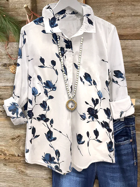

Women Floral Long Sleeve Shirt Spring/Fall Buckle Shirt Collar Regular Sleeve Daily Casual Top, White, Shirts