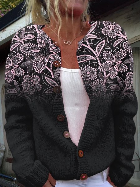 

Women Knitted Floral Long Sleeve Comfy Vintage Cardigan, As picture, Cardigans