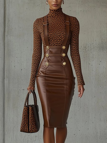

Urban Buttoned Plain Faux Leather Suspender Skirt, Brown, Skirts