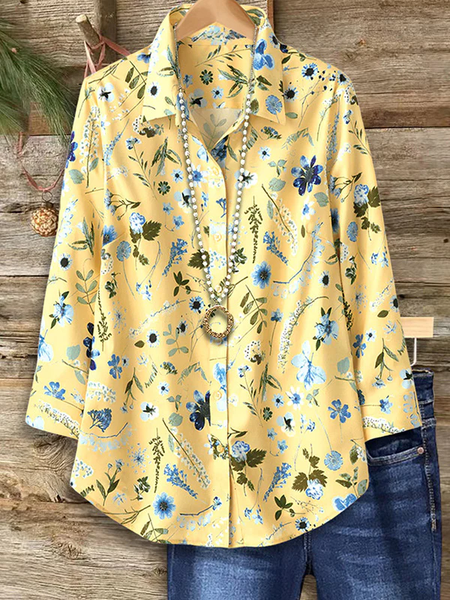

Women Floral Long Sleeve Shirt Spring/Fall Buckle Shirt Collar Regular Sleeve Daily Casual Top, Yellow, Shirts