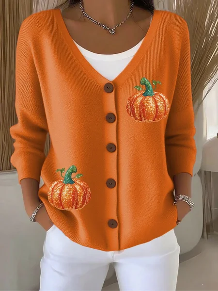 

Women Cotton Pumpkin Pattern Long Sleeve Comfy Casual Cardigan, Orange, Cardigans
