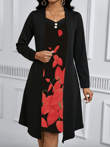 

Women Floral Spring/Fall Dress V Neck Long Sleeve A-Line Dress, Black, Maxi
