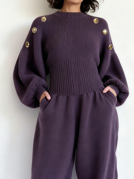 

Casual Plain Buttoned Crew Neck Balloon Sleeve Sweater, Purple, Pullovers