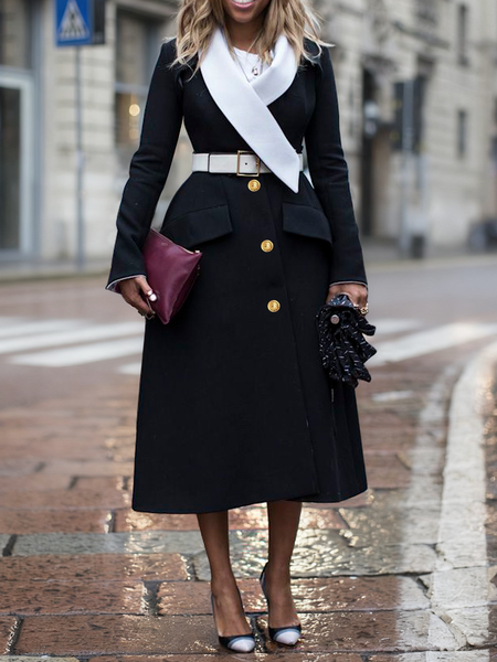 

Urban Color Block Shawl Collar Coat No Belt, Black-white, Coats