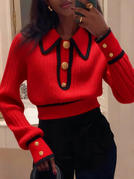 

Elegant Color Block Buttoned Shawl Collar Sweater, Red, Pullovers