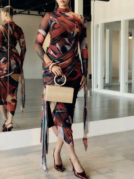 

Urban Floral Printing Ruched Stand Collar Midi Dress, As picture, Midi Dresses