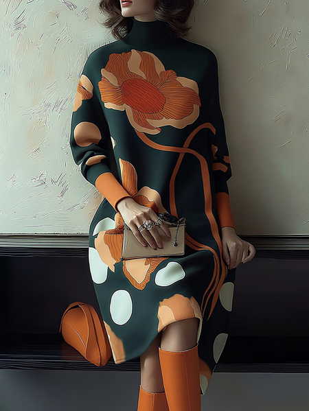 

Plus Size Casual Floral Printing Mock Neck Knee Length Dress, As picture, Plus Dresses
