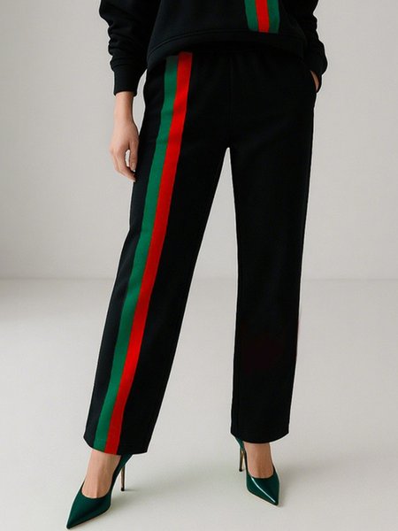 

Plus Size Casual Color Block Straight Pants, Black, Plus Pants