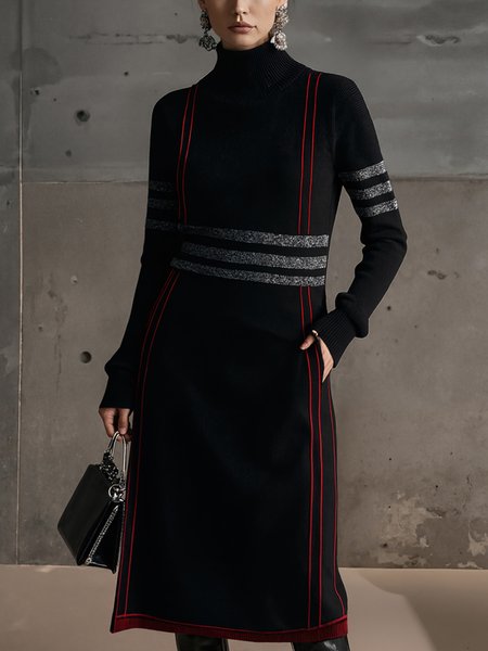 

Urban Color Block Turtleneck Midi Dress, Black, Midi Dresses