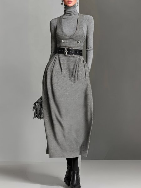 

Urban Plaid Buttoned Cross Neck Midi Dress, Gray, Midi Dresses
