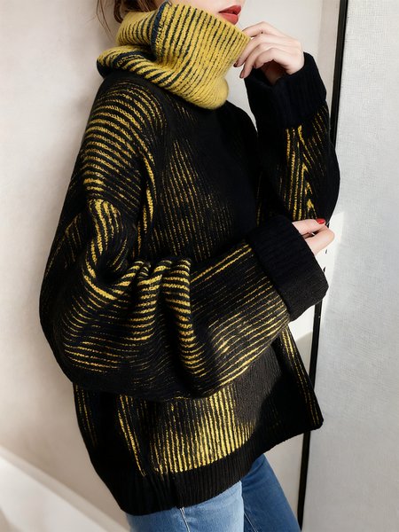 

Casual Color Block Turtleneck Loosen Sweater, Black, Pullovers
