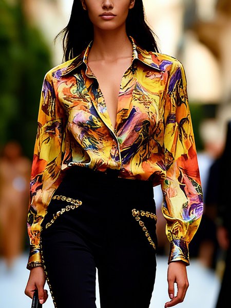 

Elegant Random Print Printing Shirt Collar Shirt, As picture, Blouses and Shirts