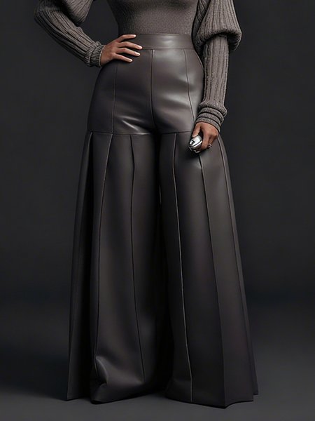 

Urban Plain Wide Leg Faux Leather Pants, As picture, Pants