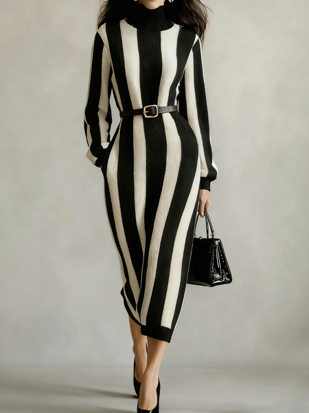 

Casual Geometric Turtleneck Midi Sweater Dress No Belt, As picture, Midi Dresses