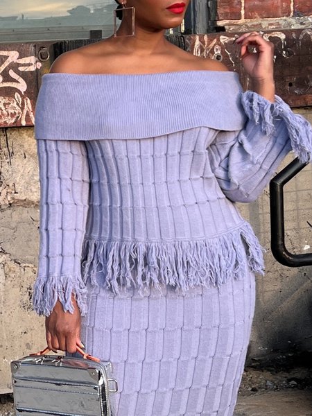 

Urban Plain Tassel Off The Shoulder Sweater, Gray purple, Pullovers