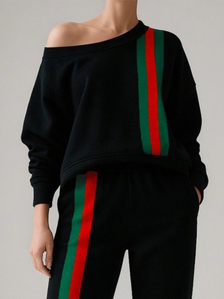 

Plus Size Casual Color Block Cold Shoulder Regular Sleeve Sweatshirt, Black, Plus Tops