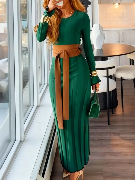 

Urban Plain Crew Neck Sweater Maxi Dress No Belt, Green, Maxi Dresses