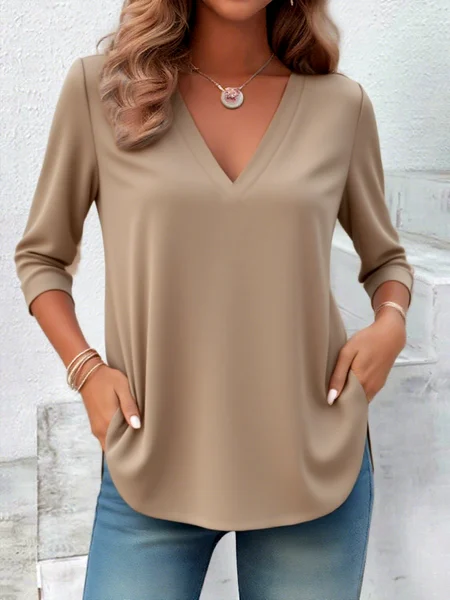 

Women Plain V Neck Casual Long Sleeve T-shirt, Apricot, Long Sleeves