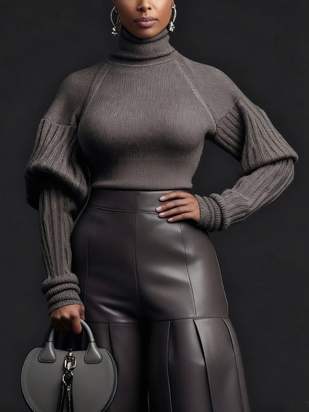 

Urban Minimalist Turtleneck Puff Sleeve Sweater, As picture, Pullovers