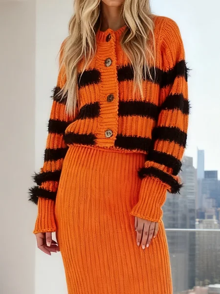 

Casual Color Block Crew Neck Sweater Cardigan, Orange, Cardigans