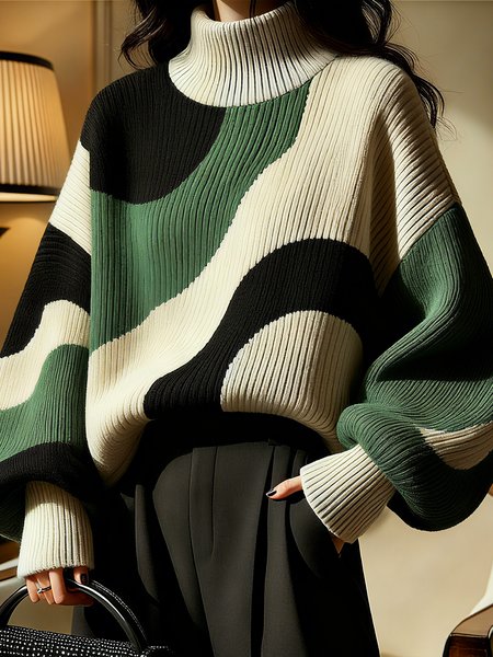 

Casual Random Print Turtleneck Balloon Sleeve Sweater, As picture, Pullovers