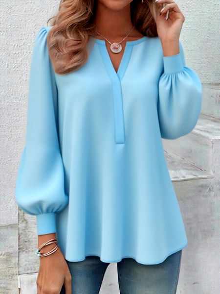 

V Neck Long Sleeve Plain Regular Micro-Elasticity Regular Fit Shirt For Women, Light blue, Shirts