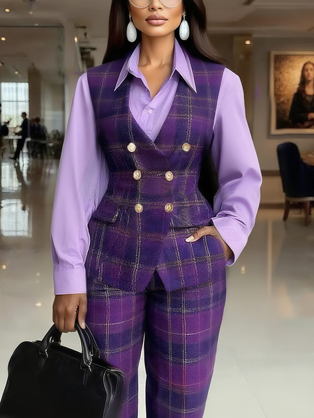 

Plus Size Urban Buttoned Plaid Cross Neck Vest, Purple, Plus Outerwear