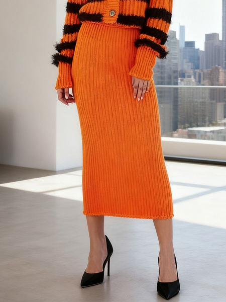 

Casual Plain Maxi Sweater Skirt, Orange, Skirts