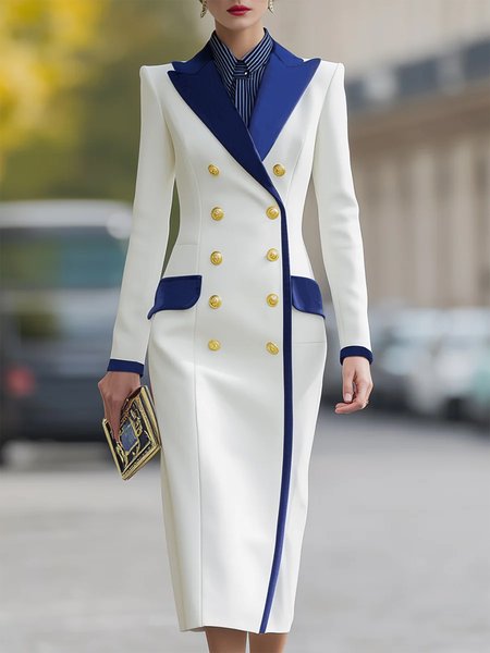 

Urban Color Block Split Joint Lapel Collar Knee Length Dress, White-blue, Midi Dresses