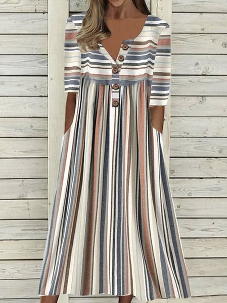 

Women Striped Half Sleeve Summer Printing Dress Half Open Collar Daily Casual Maxi A-Line Dress, As picture, Casual Dresses