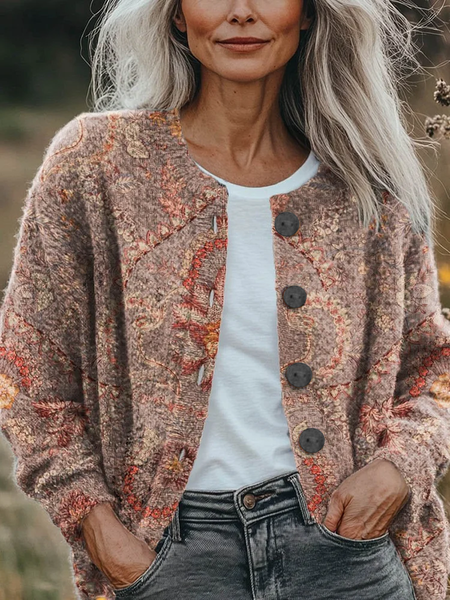 

Women Floral Printing Long Sleeve Crew Neck Vintage Spring/Fall Cardigan Outerwear, Pink, Cardigans