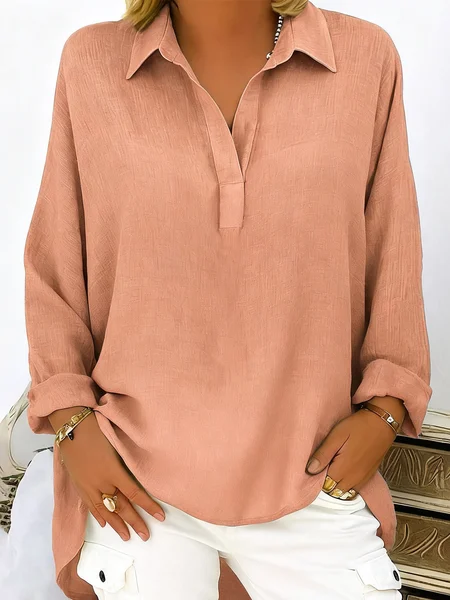 

Casual Plain Shirt Collar Blouse, Orange, Long Sleeves