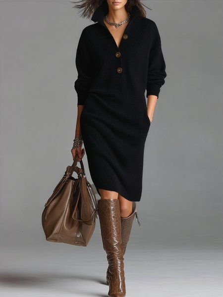

Urban Cozy Buttoned Shawl Collar Sweater Midi Dress, Black, Midi Dresses