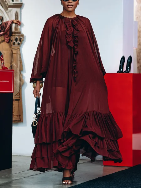 

Elegant Plain Loosen Peplum Crew Neck Maxi Dress, Wine red, Maxi Dresses