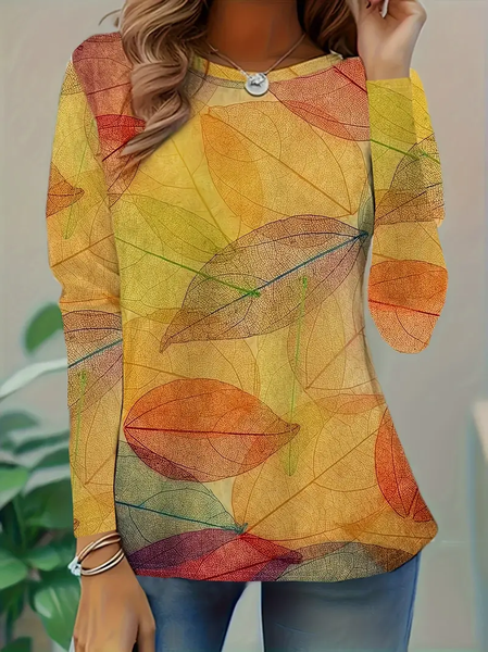 

Women Leaf Long Sleeve Tee T-shirt Crew Neck Casual Spring/Fall Tunic Top, Yellow, T-Shirts
