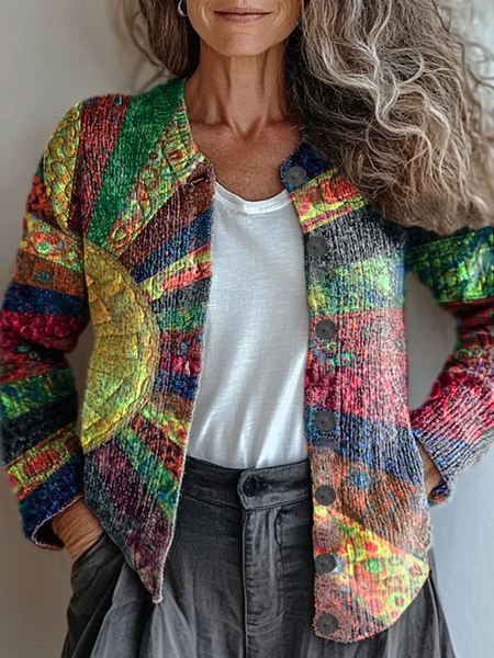 

Women Abstract Printing Long Sleeve Crew Neck Vintage Spring/Fall Cardigan Outerwear, As picture, Cardigans